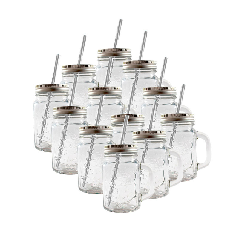12 Frascos Mason Jars Labrado con Tapa Plata y Popote
