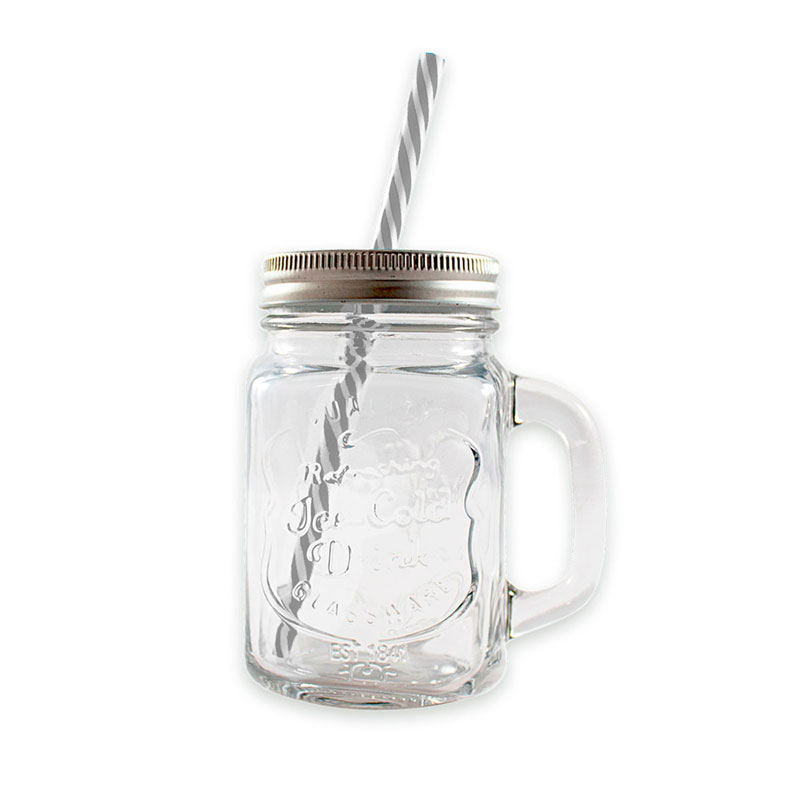 12 Frascos Mason Jars Labrado con Tapa Plata y Popote
