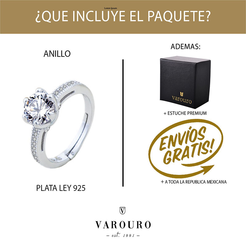 Anillo De Compromiso  VAROURO Plata Ley 925 Ajustable + Estuche + Hermosos Broqueles Zirconia de Regalo 