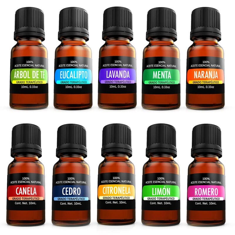 Kit de 10 aceites Esenciales para difusor y Aromaterapia (Lavanda, Árbol de Té, Eucalipto, Naranja, Menta, Cedro, Citronela, Romero, Limón, Canela 10 x 10 mL)