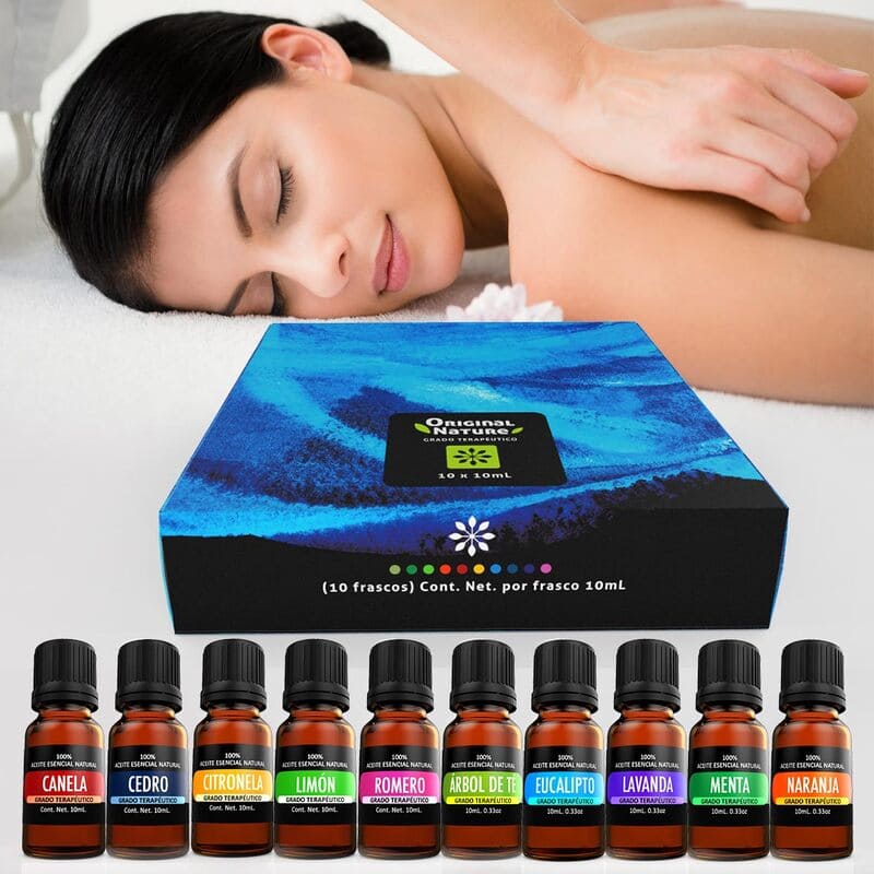Kit de 10 aceites Esenciales para difusor y Aromaterapia (Lavanda, Árbol de Té, Eucalipto, Naranja, Menta, Cedro, Citronela, Romero, Limón, Canela 10 x 10 mL)