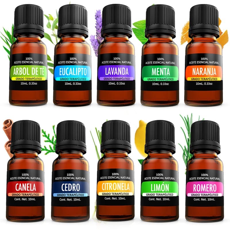 Kit de 10 aceites Esenciales para difusor y Aromaterapia (Lavanda, Árbol de Té, Eucalipto, Naranja, Menta, Cedro, Citronela, Romero, Limón, Canela 10 x 10 mL)