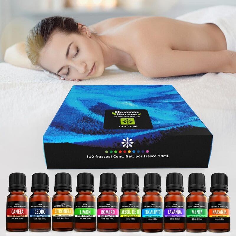 Kit de 10 aceites Esenciales para difusor y Aromaterapia (Lavanda, Árbol de Té, Eucalipto, Naranja, Menta, Cedro, Citronela, Romero, Limón, Canela 10 x 10 mL)