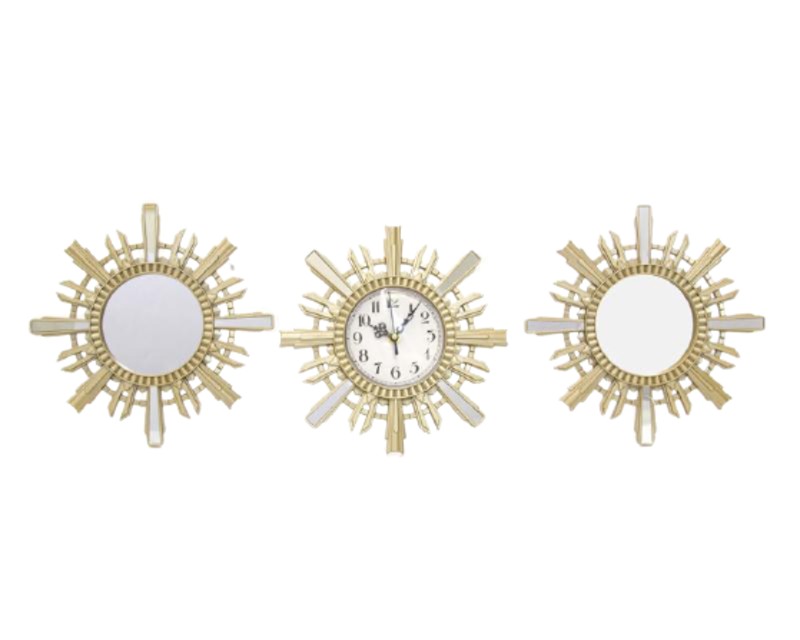 Set de Espejos Decorativos 3 Piezas (2 espejos y 1 Reloj) Dorado