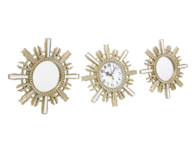 Set de Espejos Decorativos 3 Piezas (2 espejos y 1 Reloj) Dorado