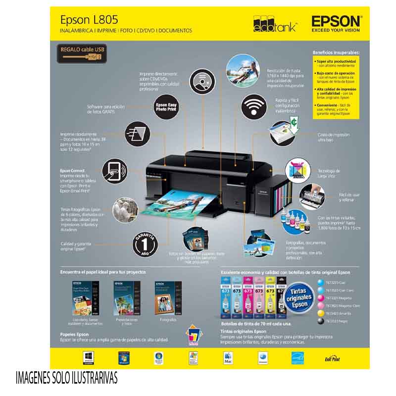 IMPRESORA EPSON L805 ECOTANK COLOR(6TINTAS) USB/WIFI C11CE86301