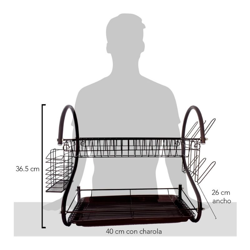 Escurridor Para Trastes De Aleación de Acero Inoxidable 2 Niveles Y Charola Top Choice Color Café
