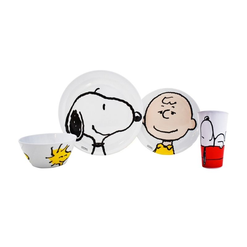 Fun Kids 1725-316/318ML  Juego de Vajilla Infantil de Melamina (Tipo Plástico) Snoopy Charlie Brown de 4 Piezas: Plato, Plato Postre y Vaso, Blanco, Original
