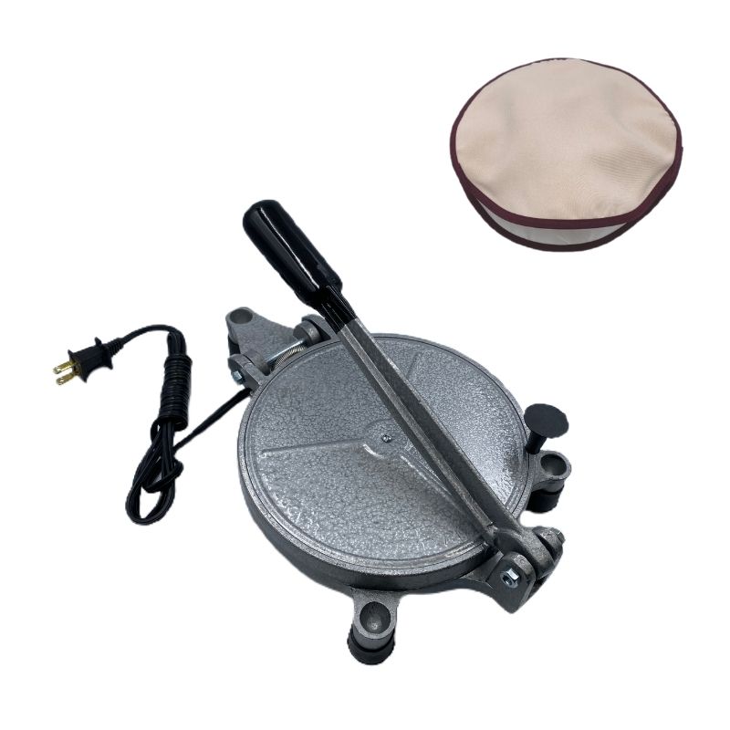 Prensa Eléctrica para Tortillas de Harina, González, 20cm (8") de Diámetro, Color Gris + Tortillero de 25cm de Diámetro Color Arena