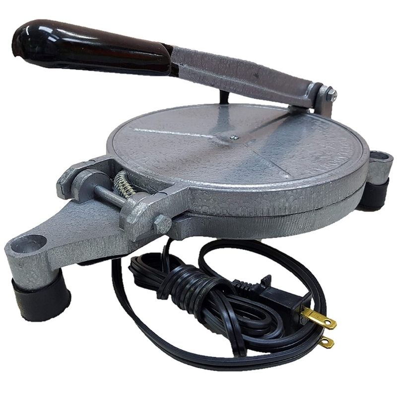 Prensa Eléctrica para Tortillas de Harina, González, 20cm (8") de Diámetro, Color Gris + Tortillero de 25cm de Diámetro Color Arena