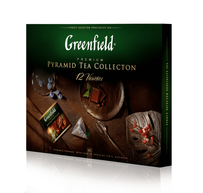 Colección de té Greenfield en bolsitas piramidales, el surtido de 12 sabores de té,  60 bolsitas individuales en total