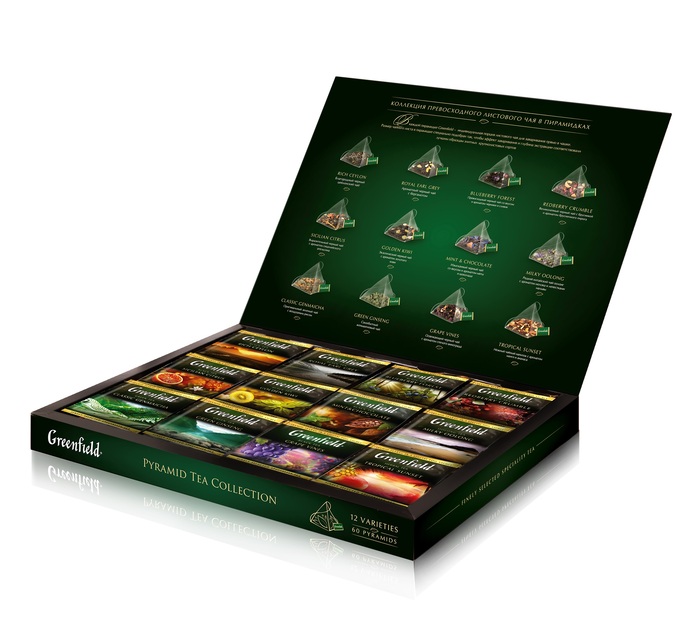 Colección de té Greenfield en bolsitas piramidales, el surtido de 12 sabores de té,  60 bolsitas individuales en total
