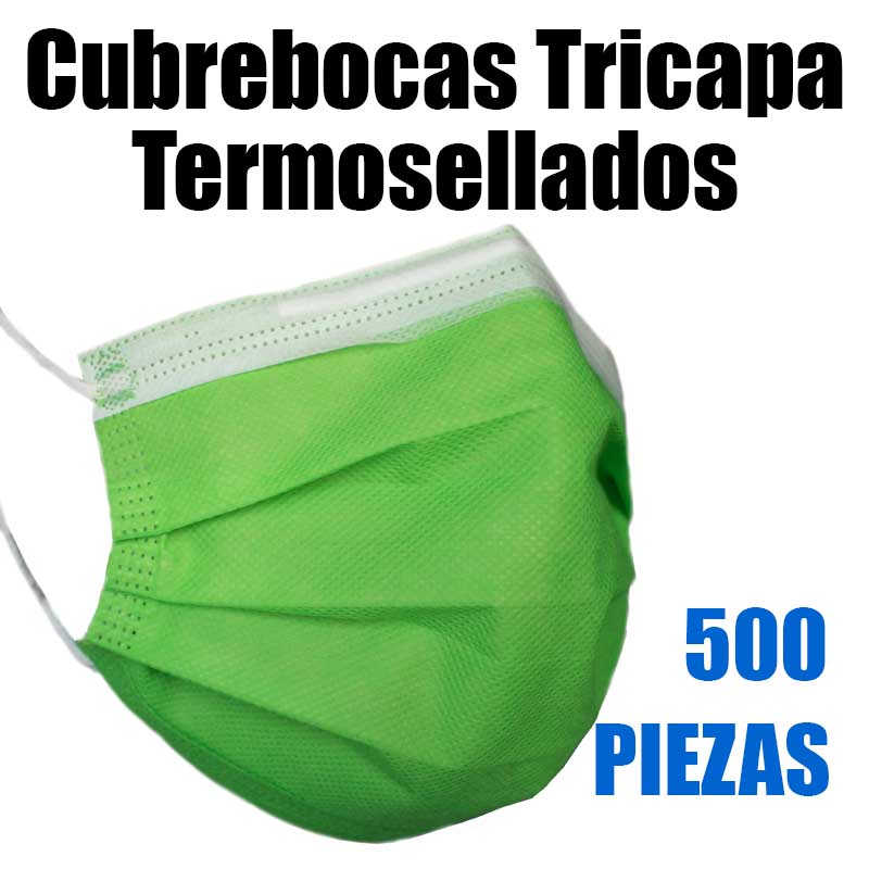 Cubrebocas verde neon tricapa termosellado 500pzs