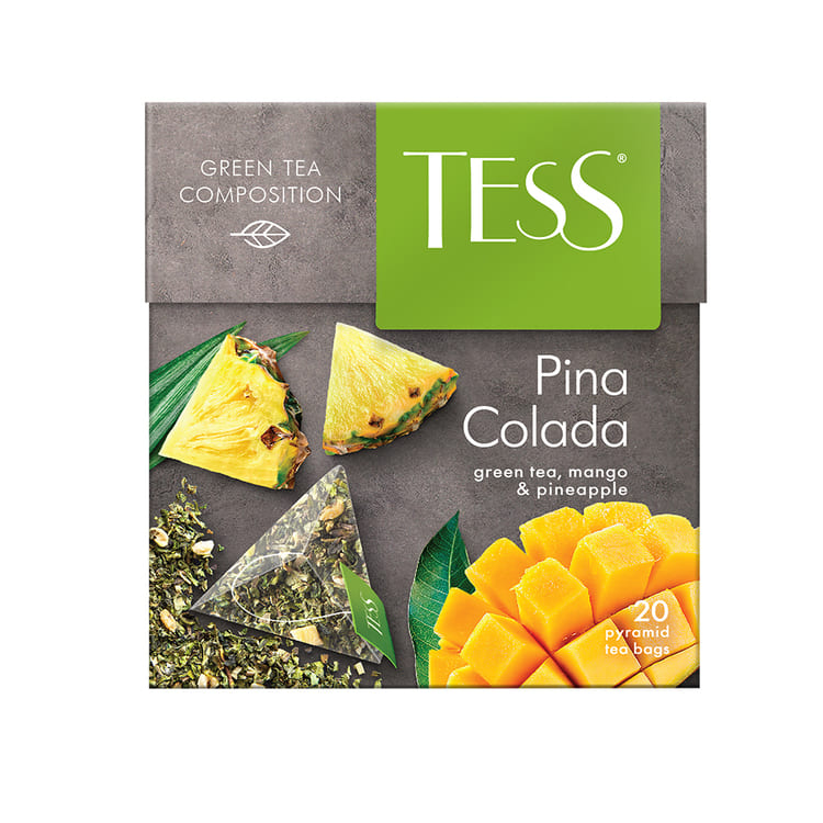 TESS Pina Colada, Té Verde con Hierbas y Frutas (mango, zacate limón, piña triturada), Té de hoja en bolsitas piramidales, 36 g (20 bolsitas de 1,8 g c/u)