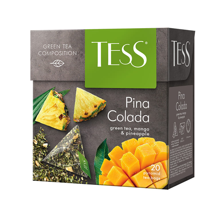 TESS Pina Colada, Té Verde con Hierbas y Frutas (mango, zacate limón, piña triturada), Té de hoja en bolsitas piramidales, 36 g (20 bolsitas de 1,8 g c/u)