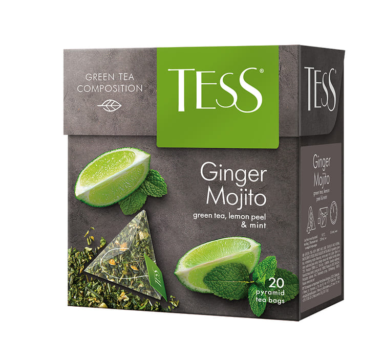 TESS Ginger Mojito, Té Verde con Hierbas y Frutas (cascara de limón, menta, jengibre), Té de hoja en bolsitas piramidales, 36 g (20 bolsitas de 1,8 g c/u)