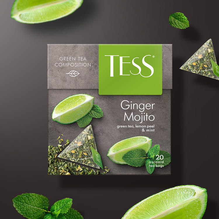TESS Ginger Mojito, Té Verde con Hierbas y Frutas (cascara de limón, menta, jengibre), Té de hoja en bolsitas piramidales, 36 g (20 bolsitas de 1,8 g c/u)