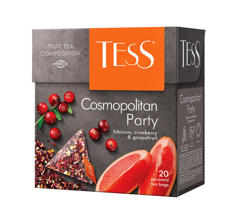 TESS Cosmopolitan Party, Té de Jamaica con Hierbas y Frutas (manzana, escaramujo, cascara de naranja, arándanos triturados), Sin Cafeína, Té de hoja en bolsitas piramidales, 36 g (20 bolsitas de 1,8 g c/u)