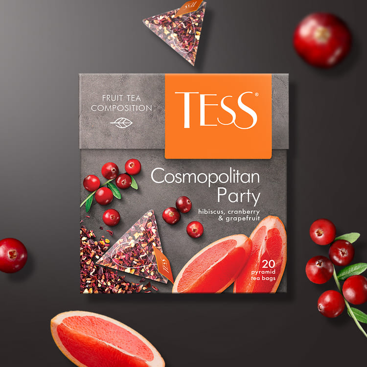 TESS Cosmopolitan Party, Té de Jamaica con Hierbas y Frutas (manzana, escaramujo, cascara de naranja, arándanos triturados), Sin Cafeína, Té de hoja en bolsitas piramidales, 36 g (20 bolsitas de 1,8 g c/u)