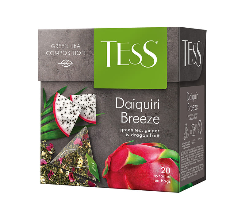 TESS Daiquiri Breeze, Té Verde con Hierbas y Frutas (jengibre, mango, petalos de rosa y aroma de pitahaya), Té de hoja en bolsitas piramidales, 36 g (20 bolsitas de 1,8 g c/u)