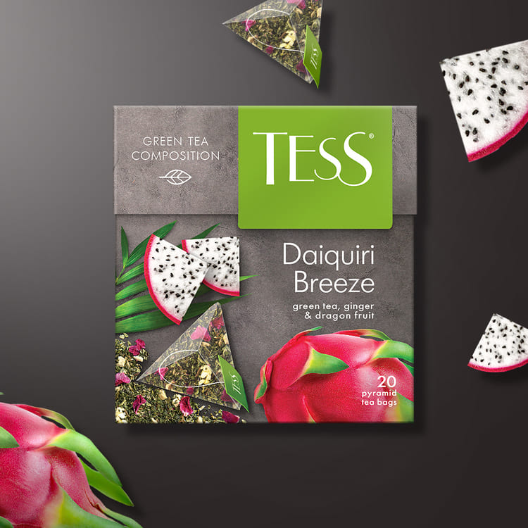 TESS Daiquiri Breeze, Té Verde con Hierbas y Frutas (jengibre, mango, petalos de rosa y aroma de pitahaya), Té de hoja en bolsitas piramidales, 36 g (20 bolsitas de 1,8 g c/u)
