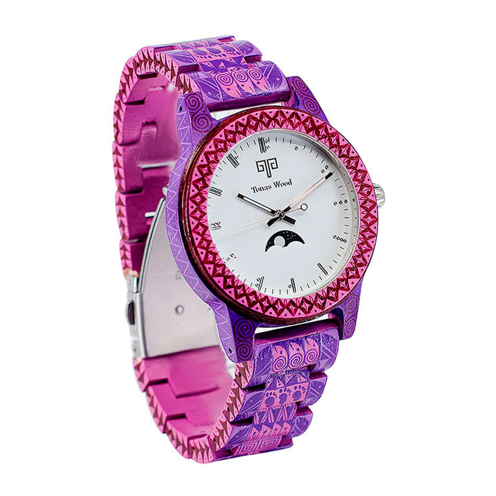 Reloj Alebrije by Tonas Wood Unisex Color Rosa con Morado Kin 