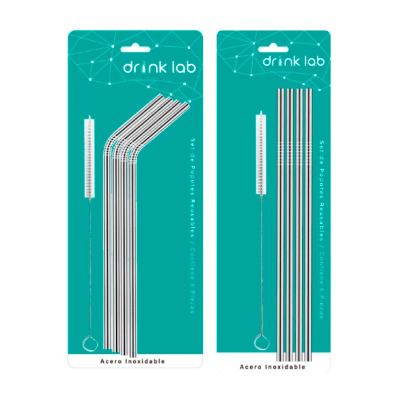 Set 8 Popotes Reusables de Acero Inoxidable Curvos y Rectos DrinkLab