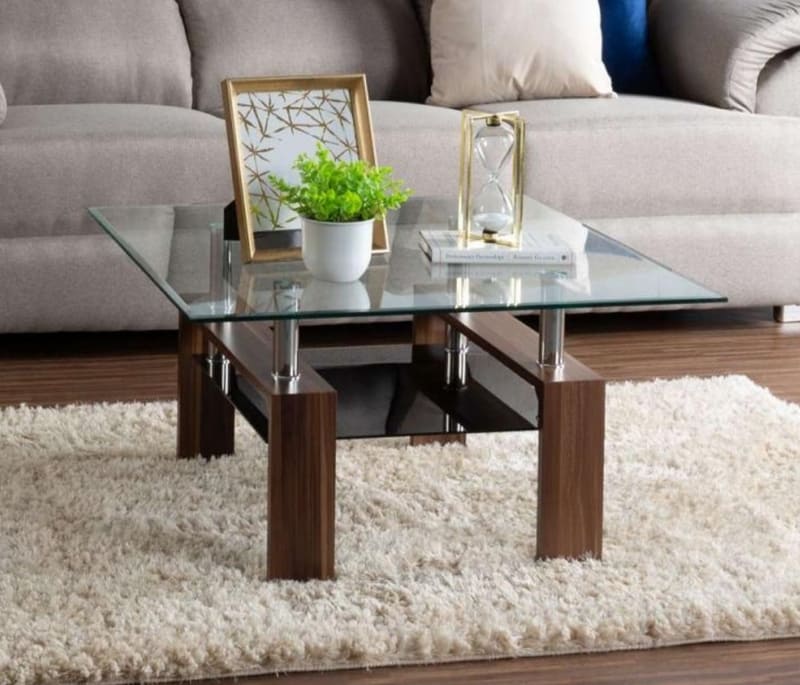 Mesa de Centro Moderna Cristal Madera Industrial Cuadrada 80 x 80 cm Contemporanea