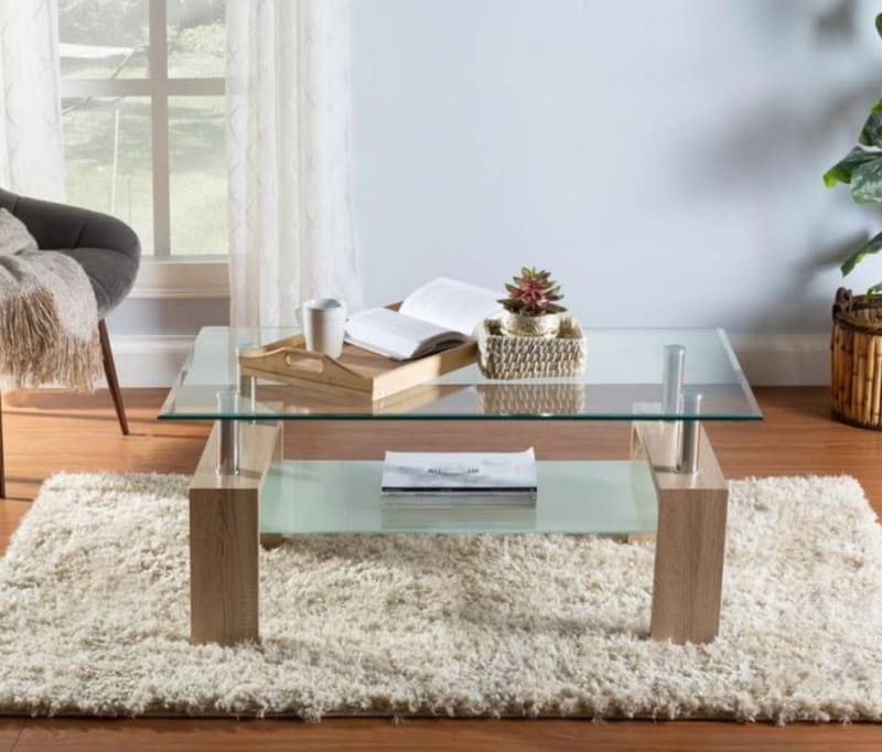 Mesa de Centro Moderna Cristal Madera Industrial Beige Rectangular Contemporanea