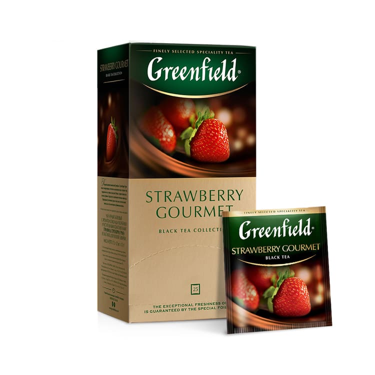 Greenfield Strawberry Gourmet, Té Negro con Hierbas y Frutas (cacao en polvo,  trozos de fresa), 25 bolsitas en sobres individuales, 37,5 g (25 bolsitas de 1,5 g c/u)