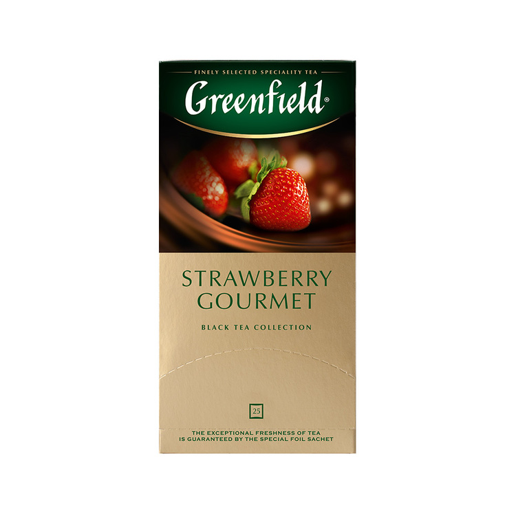 Greenfield Strawberry Gourmet, Té Negro con Hierbas y Frutas (cacao en polvo,  trozos de fresa), 25 bolsitas en sobres individuales, 37,5 g (25 bolsitas de 1,5 g c/u)