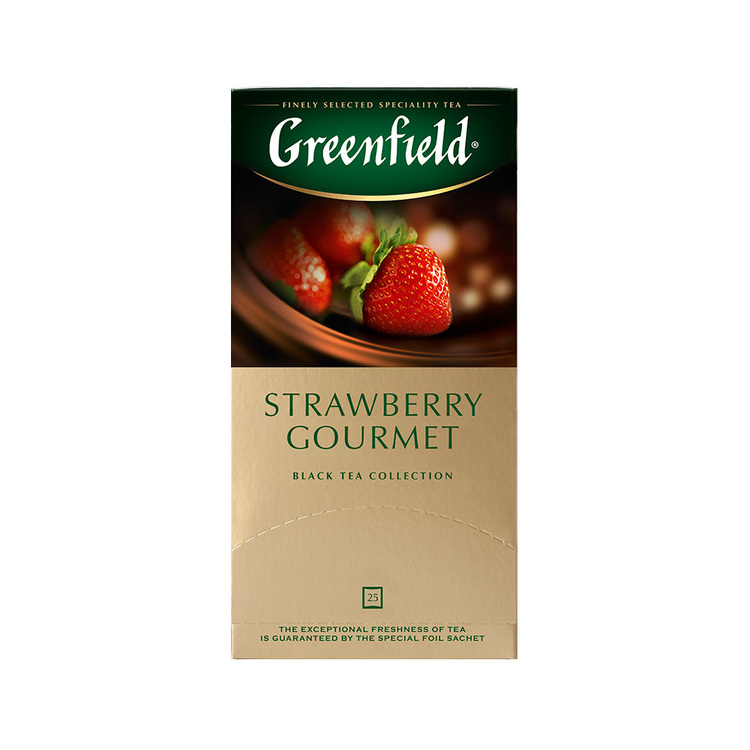 Greenfield Strawberry Gourmet, Té Negro con Hierbas y Frutas (cacao en polvo,  trozos de fresa), 25 bolsitas en sobres individuales, 37,5 g (25 bolsitas de 1,5 g c/u)