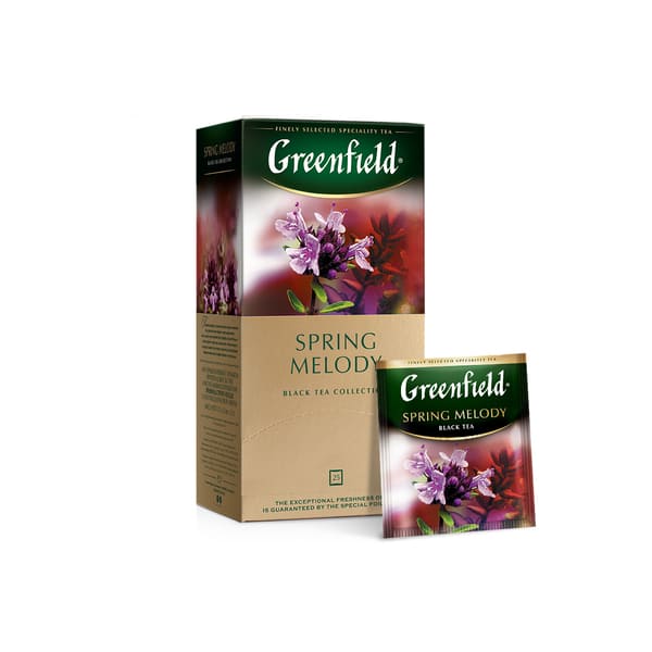Greenfield Spring Melody, Té Negro con Hierbas y Frutas (hojas de grosella negra natural, menta, tomillo), 25 bolsitas en sobres individuales, 37,5 g (25 bolsitas de 1,5 g c/u)