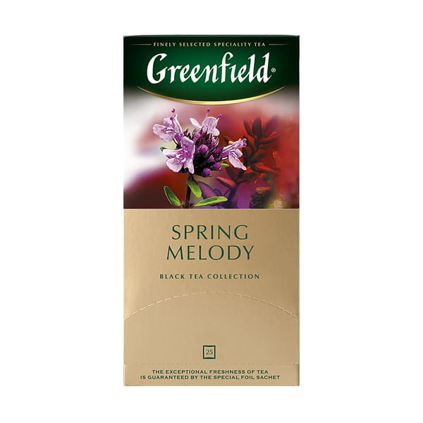 Greenfield Spring Melody, Té Negro con Hierbas y Frutas (hojas de grosella negra natural, menta, tomillo), 25 bolsitas en sobres individuales, 37,5 g (25 bolsitas de 1,5 g c/u)