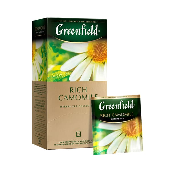 Greenfield Rich Camomile, Infusiones de Hierbas y Frutas (manzanilla, canela, manzana seca), Sin Cafeína, 25 bolsitas en sobres individuales, 37, 5 g (25 bolsitas de 1,5 g c/u)