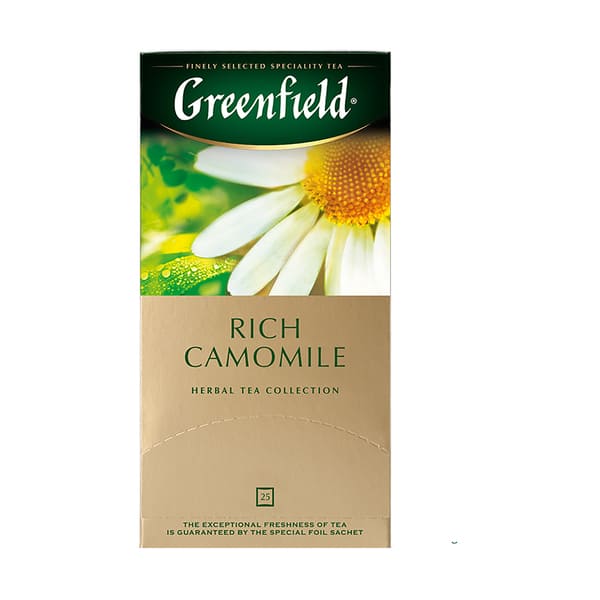 Greenfield Rich Camomile, Infusiones de Hierbas y Frutas (manzanilla, canela, manzana seca), Sin Cafeína, 25 bolsitas en sobres individuales, 37, 5 g (25 bolsitas de 1,5 g c/u)