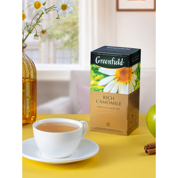 Greenfield Rich Camomile, Infusiones de Hierbas y Frutas (manzanilla, canela, manzana seca), Sin Cafeína, 25 bolsitas en sobres individuales, 37, 5 g (25 bolsitas de 1,5 g c/u)