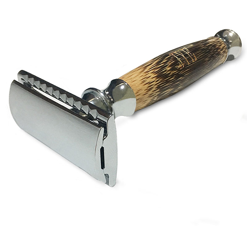 Rastrillo Clásico Apertura Mariposa Doble Filo con Mango de Bambú Elegante con 3 cuchillas de repuesto JYE