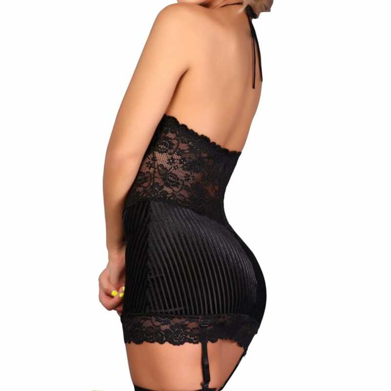 Babydoll Halter Encaje Negro Fino Terciopelo Strech Tanga Y Medias Set 938
