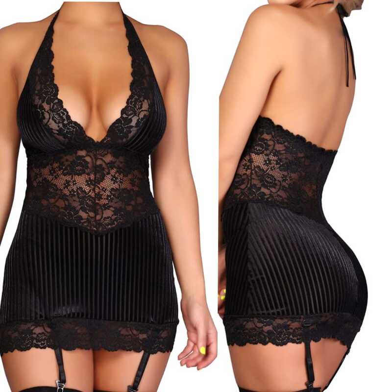 Babydoll Halter Encaje Negro Fino Terciopelo Strech Tanga Y Medias Set 938
