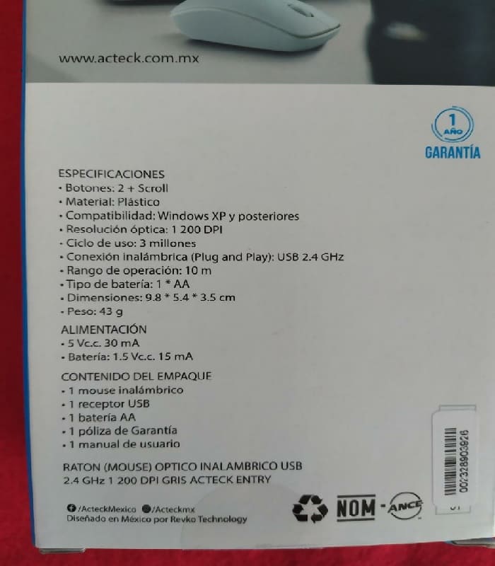 Mouse Optico Inalambrico USB Receptor 2.4g 1000 Dpi Gris Windows Portatil Escuela Casa PC Lap