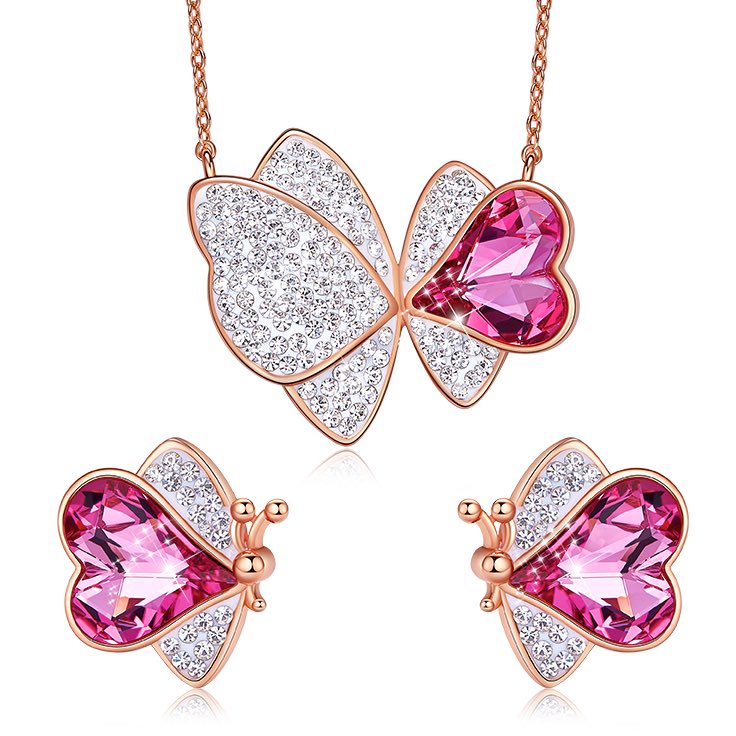 Juego de aretes y collar de mariposa con cristal de Swarovski, oro rosa. 