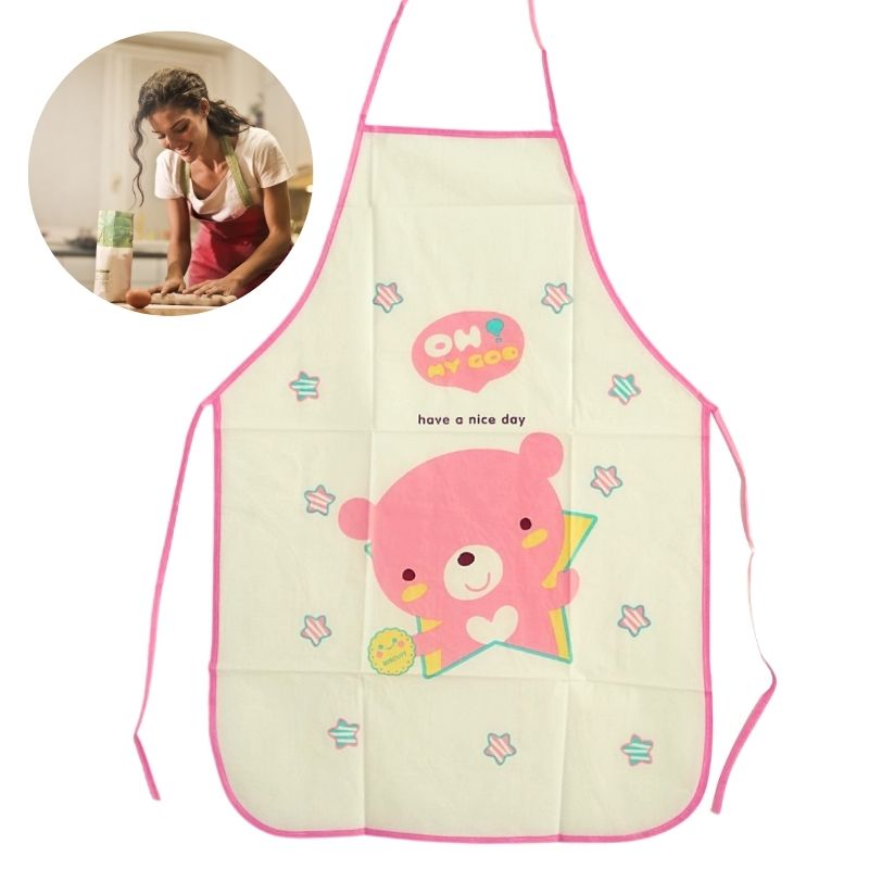 Mandil Delantal Plástico Dibujo Animales, LBP, Cocina Hogar Manualidades, 69cm -Rosa Oso