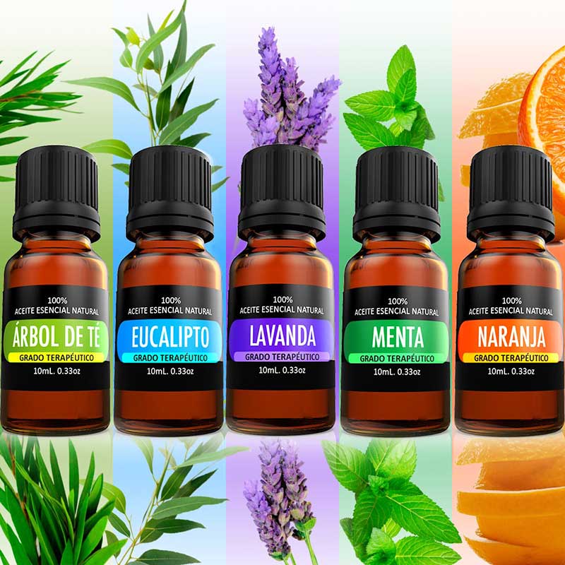 Kit de 5 aceites Esenciales para difusor y Aromaterapia Lavanda, Árbol de  Té, Eucalipto, Naranja, Menta 5 x10 mL BIENAT AROMATERAPIA ORIGINAL  NATURE'S