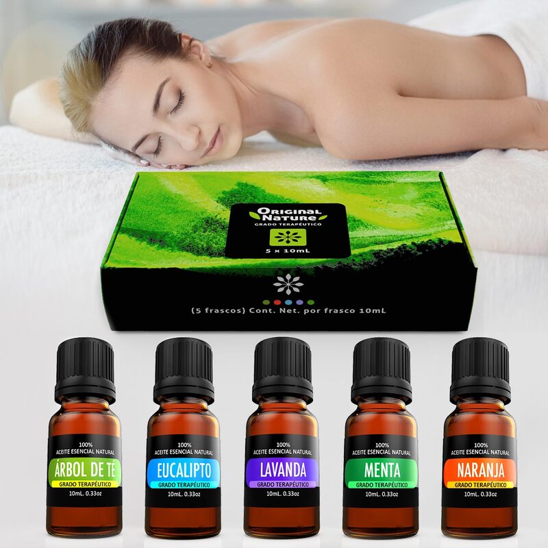 Kit de 5 aceites Esenciales para difusor y Aromaterapia (Lavanda, Árbol de Té, Eucalipto, Naranja, Menta, 5 x 10 ML