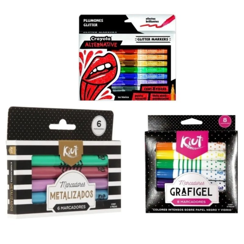 Kit De Plumones Metalicos + Glitter + Grafigel