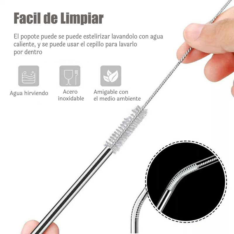 Set de 8 Popotes Reusables de Acero Inoxidable Curvos DrinkLab