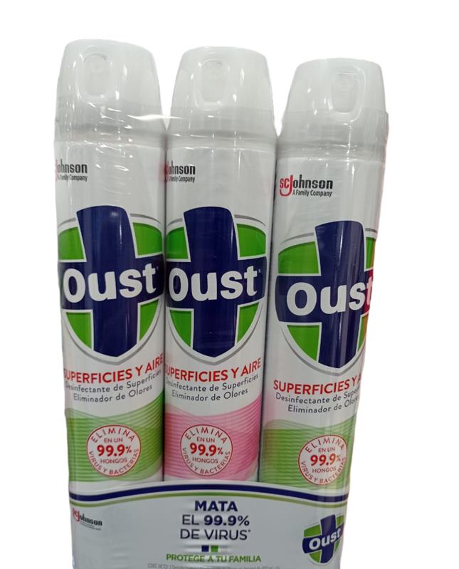 Oust Desinfectante 3 pack 400 ml c/u Multi superficies el 99.9% de hongos, virus y bacterias del aire y superficies.  