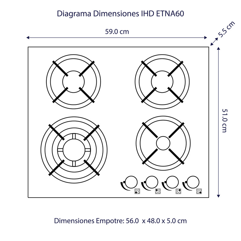 Parrilla de gas Empotrable / Sobrepuesta IHD Modelo ETNA60 de 60 cm 4 Quemadores y Cubierta de Cristal