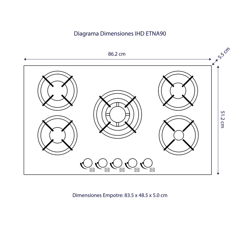 Parrilla de gas Empotrable / Sobrepuesta IHD Modelo ETNA90 de 86 cm 5 Quemadores y Cubierta de Cristal
